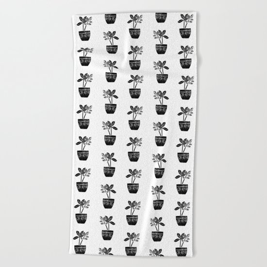 Rubber Plant linocut lino printmaking illustration black and white houseplant art decor dorm college Beach Towel