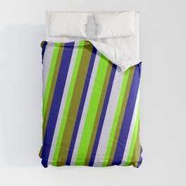 [ Thumbnail: Chartreuse, Green, Dark Blue & Lavender Colored Stripes/Lines Pattern Comforter ]