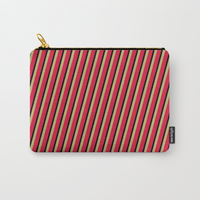 Dark Khaki, Crimson, and Black Colored Striped/Lined Pattern Carry-All Pouch
