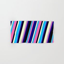 [ Thumbnail: Vibrant Deep Sky Blue, Hot Pink, Dark Blue, Black, and Light Yellow Colored Lines/Stripes Pattern Hand & Bath Towel ]