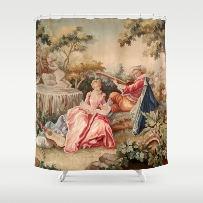 Antique 19th Century French Aubusson Gallant Courtship Romantic Tapestry Shower Curtain