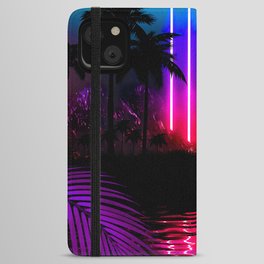 Neon landscape: Neon pillars, palms & flamingo [synthwave/vaporwave/cyberpunk] — aesthetic poster iPhone Wallet Case