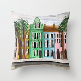 Rainbow Row Charleston South Carolina Watercolor Sketch Throw Pillow