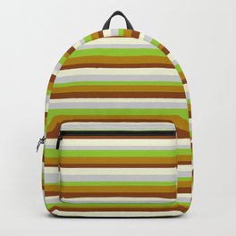 [ Thumbnail: Eyecatching Light Grey, Green, Dark Goldenrod, Brown, and Beige Colored Lined Pattern Backpack ]