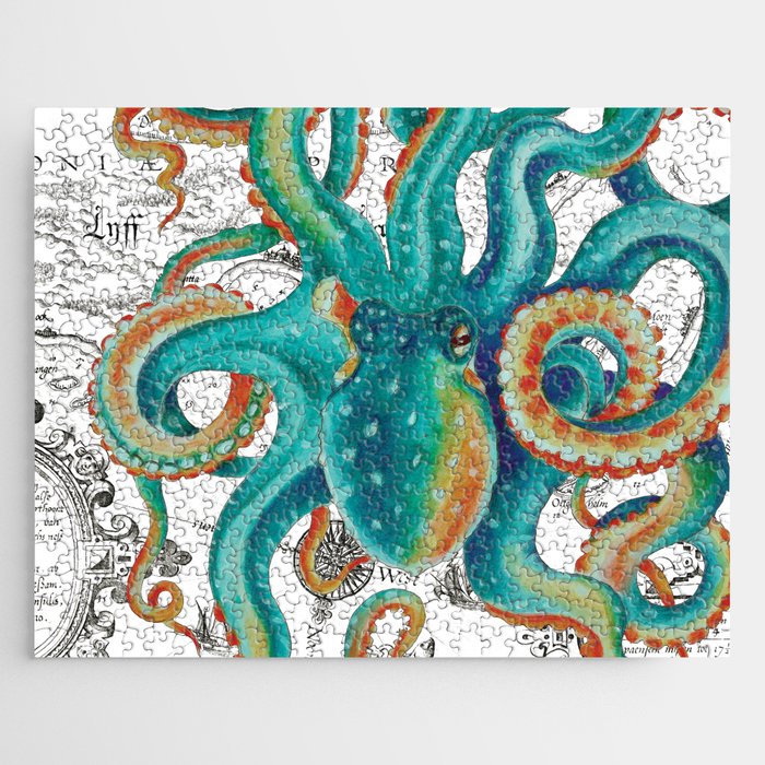 Teal Octopus Tentacles Vintage Map Nautical Jigsaw Puzzle