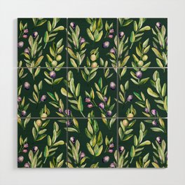 Scattered Olive Branches on Dark Green Wood Wall Art