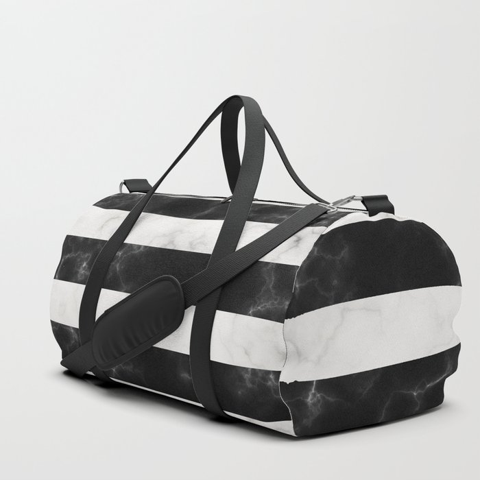 black and white striped duffle bag
