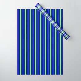 [ Thumbnail: Blue & Light Green Colored Lined/Striped Pattern Wrapping Paper ]