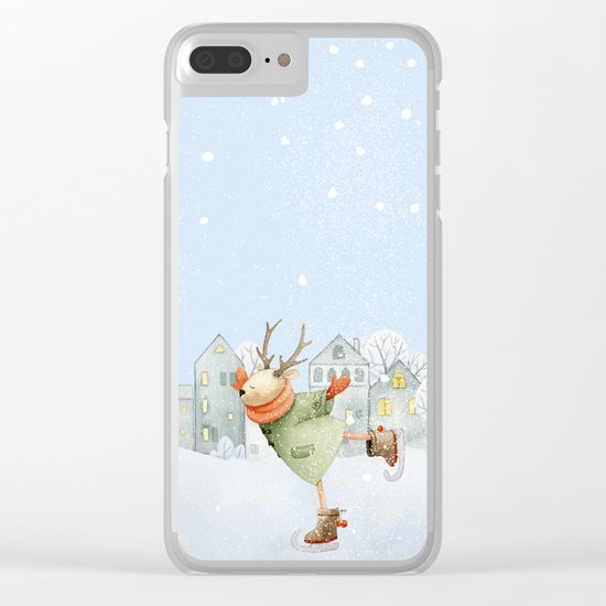 Merry christmas- Ice skating Deer and squirrel are having Winter fun Clear iPhone Case