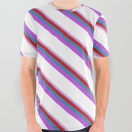 [ Thumbnail: Eye-catching Plum, Red, Blue, Orchid, and White Colored Stripes/Lines Pattern All Over Graphic Tee ]