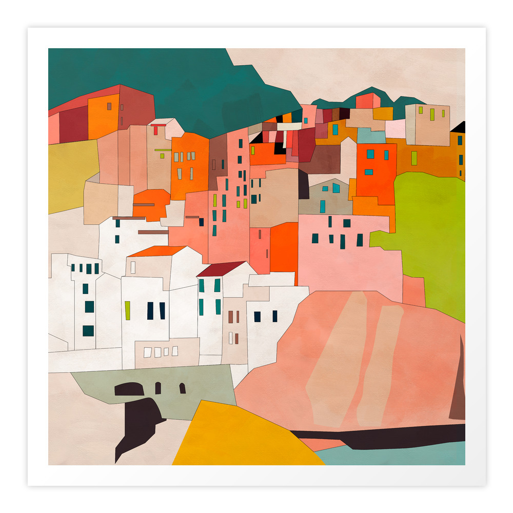 Italy Coast Houses Minimal Abstract Painting Art Print by anarutbre