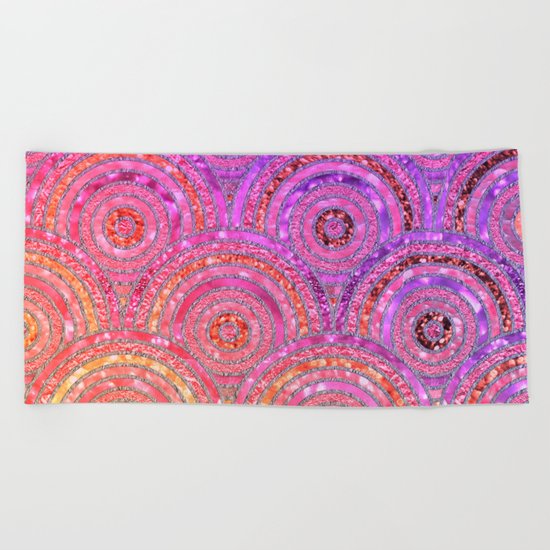 Pink Purple and Gold Sparkling Faux Glitter Mermaid Circles Beach Towel