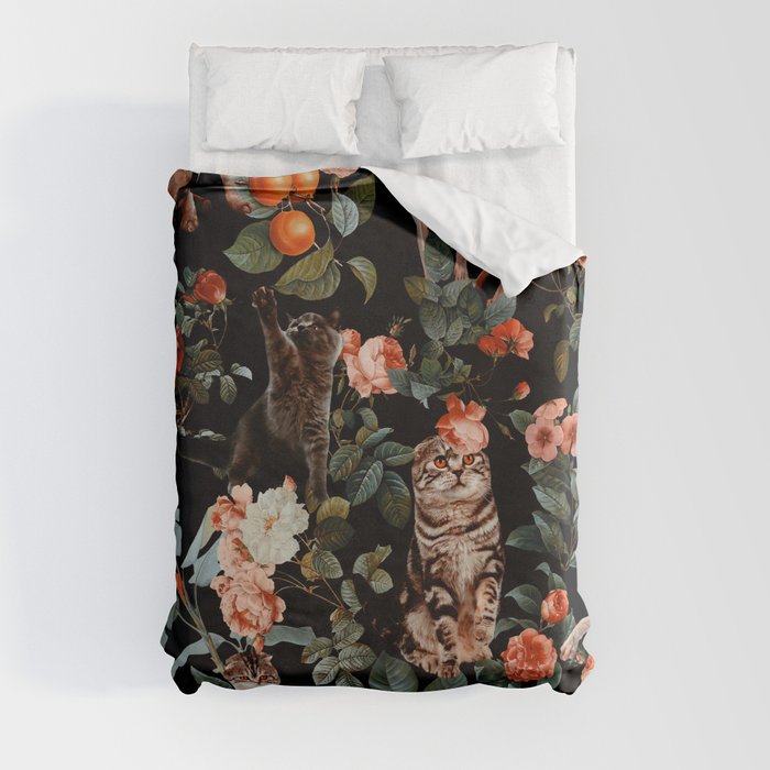 Cat and Floral Pattern II Duvet Cover