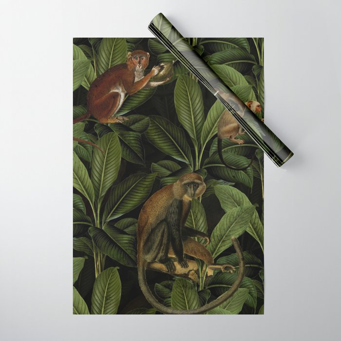 Monkey Vintage Botanical Night Jungle Garden Wrapping Paper