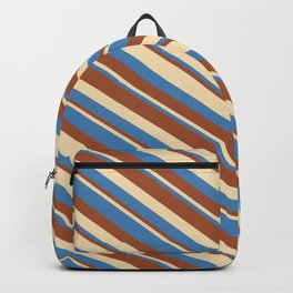 [ Thumbnail: Tan, Blue & Sienna Colored Stripes/Lines Pattern Backpack ]