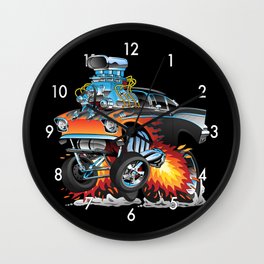 Classic hotrod 57 gasser drag racing muscle car cartoon Wall Clock