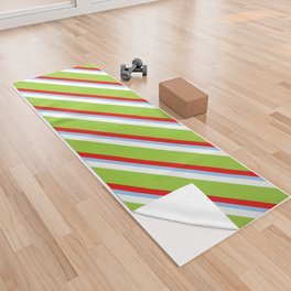 [ Thumbnail: Colorful Red, Light Sky Blue, White, Green, and Dark Green Colored Stripes Pattern Yoga Towel ]