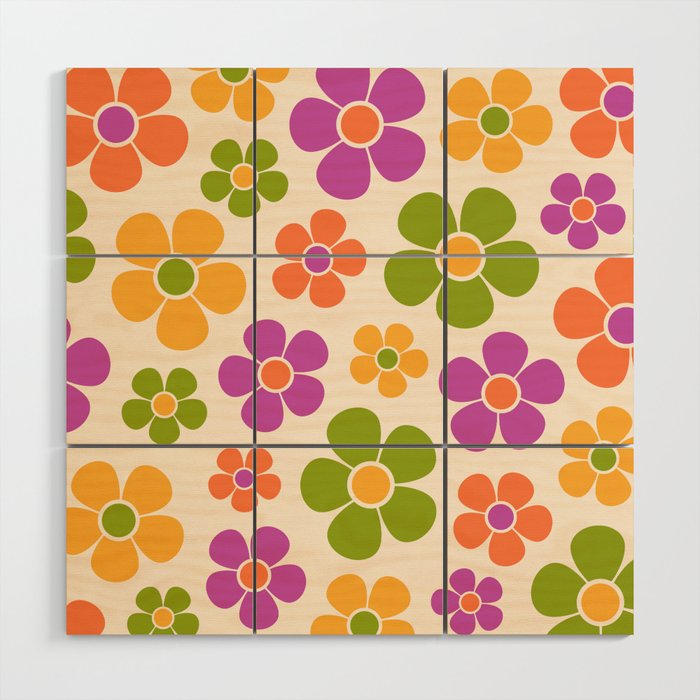 Groovy 1970s Retro Style Floral Pattern Mid Mod Wood Wall Art