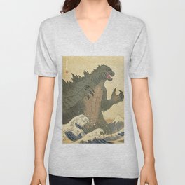 Godzilla Ukiyo-e  V Neck T Shirt
