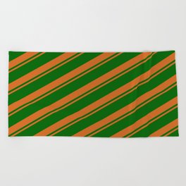 [ Thumbnail: Chocolate & Dark Green Colored Striped Pattern Beach Towel ]
