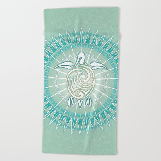 Turquoise Green Turtle And Mandala Beach Towel