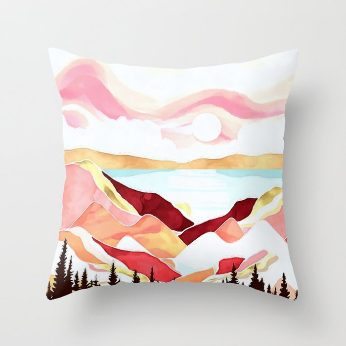 Alpine mountain pink sunset watercolor landscape painting for home, bedroom, living room, and wall decor Throw Pillow