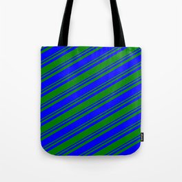 [ Thumbnail: Green and Blue Colored Stripes/Lines Pattern Tote Bag ]