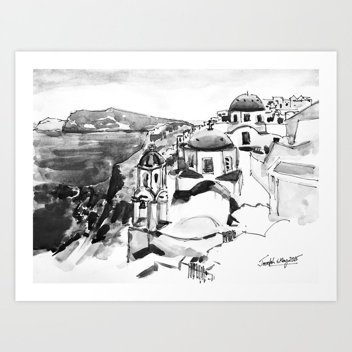 Santorini Greece Black and White Watercolor Painting Art Print