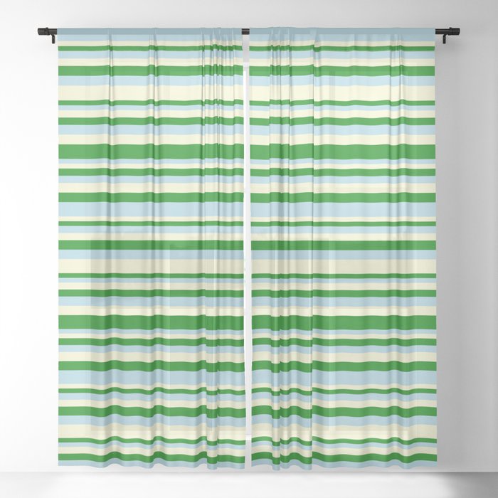 Light Yellow, Green, and Light Blue Colored Lined/Striped Pattern Sheer Curtain