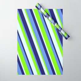 [ Thumbnail: Cornflower Blue, Chartreuse, Light Cyan, and Midnight Blue Colored Lined Pattern Wrapping Paper ]