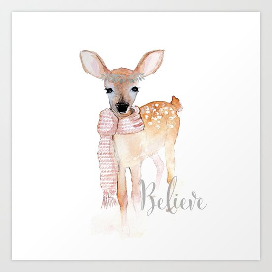 Believe- Christmas fawn Art Print