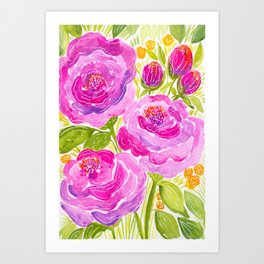Watercolor Violet + Magenta Peonies  Art Print
