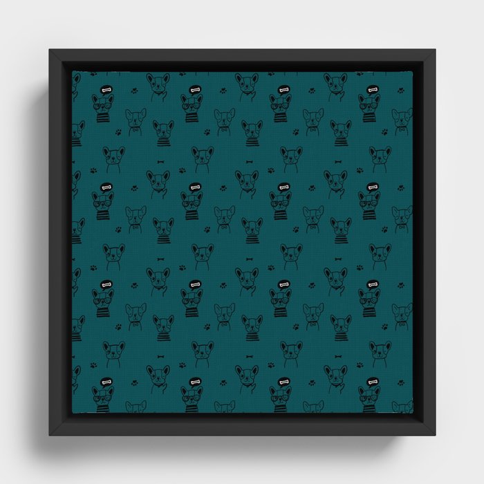 Teal Blue and Black Hand Drawn Dog Puppy Pattern Framed Canvas