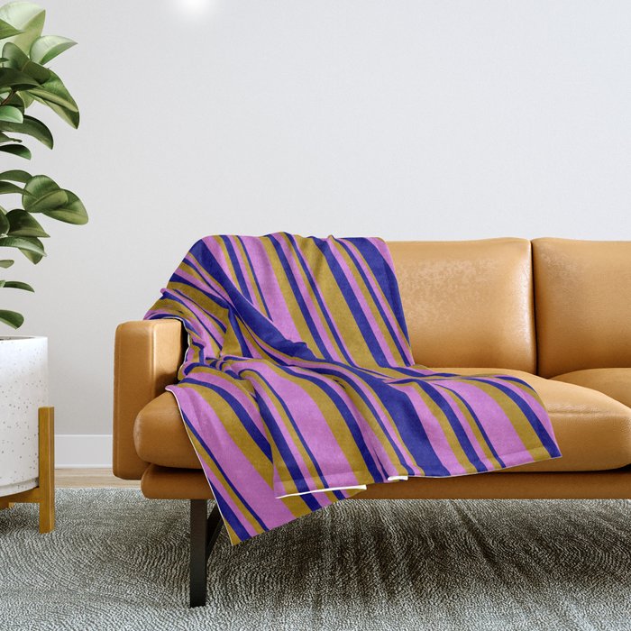 Dark Goldenrod, Orchid, and Blue Colored Striped/Lined Pattern Throw Blanket