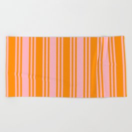 [ Thumbnail: Light Pink and Dark Orange Colored Pattern of Stripes Beach Towel ]