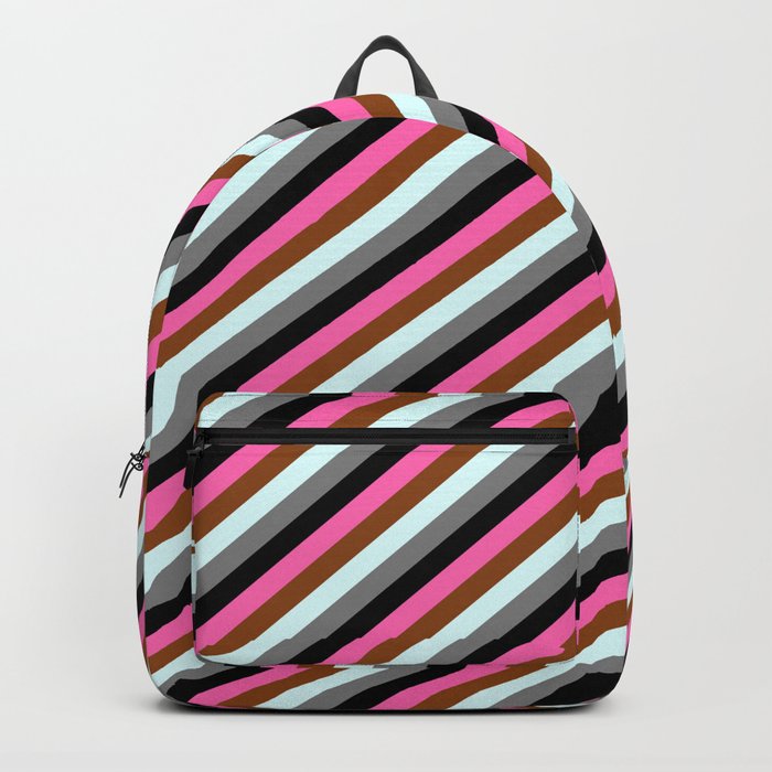 Eye-catching Hot Pink, Brown, Light Cyan, Gray & Black Colored Stripes Pattern Backpack