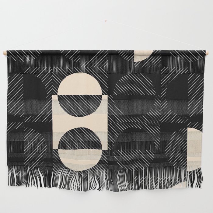 Stripes Circles Squares Mid-Century Checkerboard Black Beige White Wall Hanging