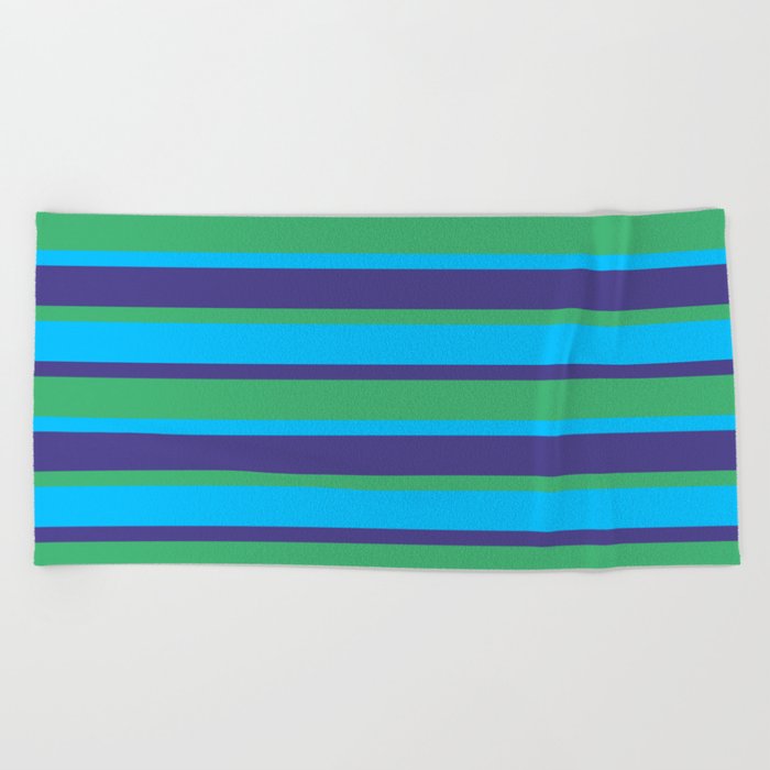 Dark Slate Blue, Sea Green & Deep Sky Blue Colored Striped Pattern Beach Towel