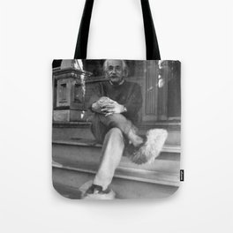 Albert Einstein in Fuzzy Slippers Classic Black and White Satirical Photography - Photographs Tote Bag