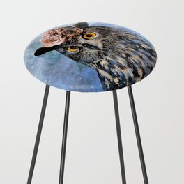 Painting of cute owl with flowers on his head (blue background) - nature Counter Stool