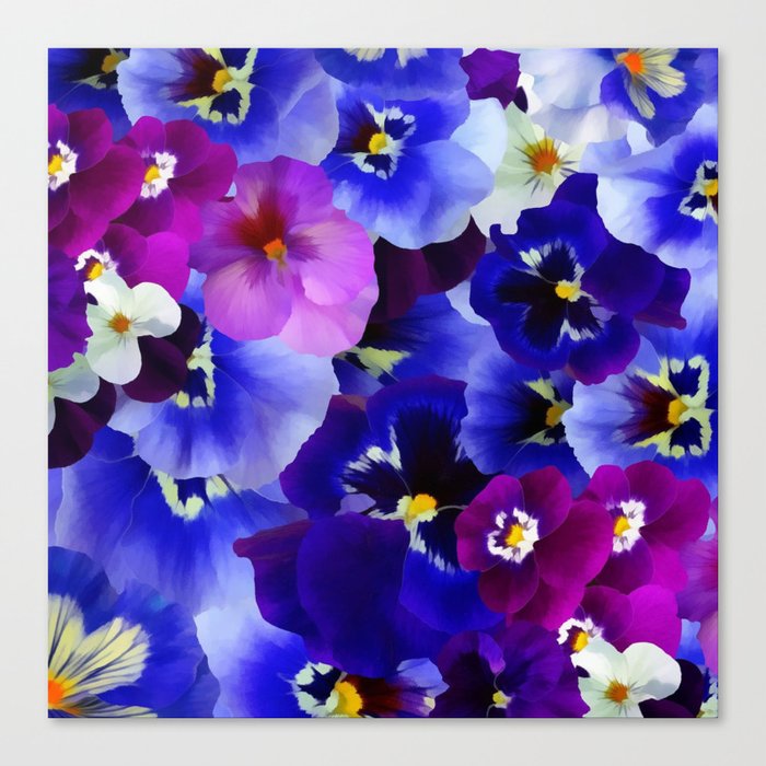 Abstract blue purple pink white pansies floral Canvas Print
