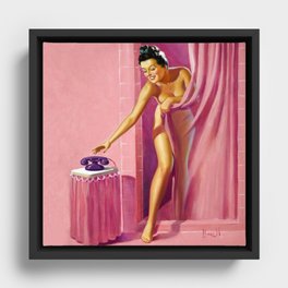Pin Up Girl in Pink Bathroom Framed Canvas
