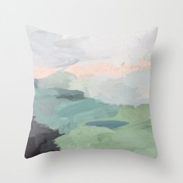 Farmland Sunset II - Seafoam Green Mint Black Blush Pink Abstract Nature Land Art Painting Throw Pillow