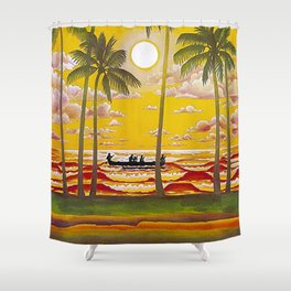 Surf Hawaii, Outrigger, Fly Hawaiian Air Vintage Travel Poster Shower Curtain