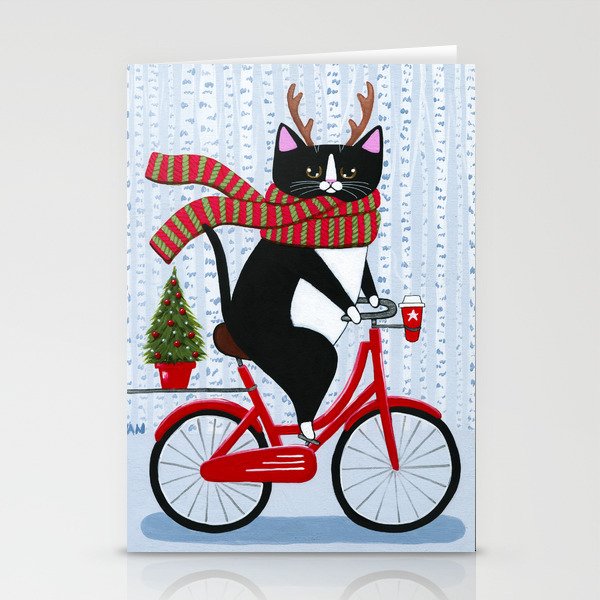 Tuxedo Cat Christmas Bicycle Ride Stationery Cards