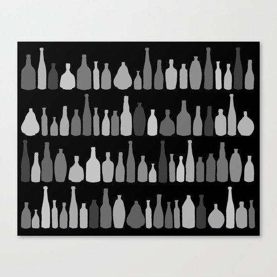 Bottles Black and White on Black Canvas Print