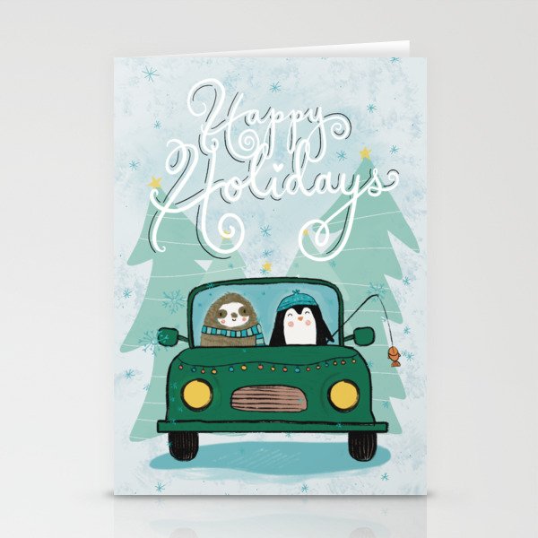 Cozy Happy Holidays Critters Sloth & Penguin Buggy  Stationery Cards