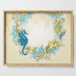 Blue Ocean life with Seahorses, Corals and Chells Serving Tray