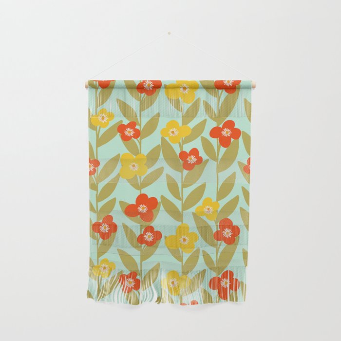 Mid century modern floral and leaves seamless pattern in yellow, red on blue  Wall Hanging