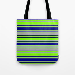 [ Thumbnail: Green, Dark Grey & Dark Blue Colored Lines/Stripes Pattern Tote Bag ]